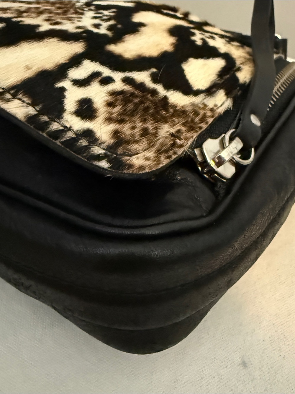Zara Basic Hair on Hide Leather Black Cream Leopard Print Cowhide Crossbody Bag - Picture 8 of 16